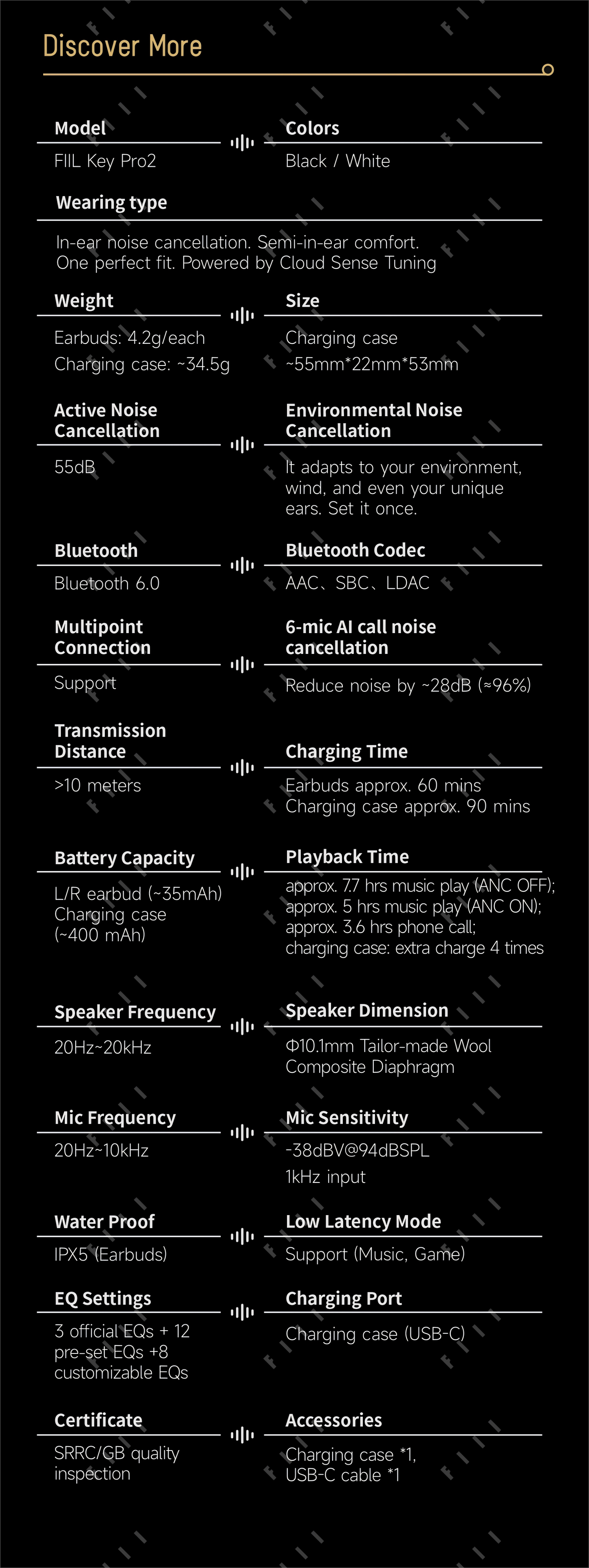 FIIL Key Pro2 Chinese Ver. Smart 55dB Deep Noise Cancellation Bluetooth 6.0 Wireless Earbuds with Long Lasting 35Hrs, In-Ear or Semi-Open Eartips Freely Switch & Hi-Res Audio